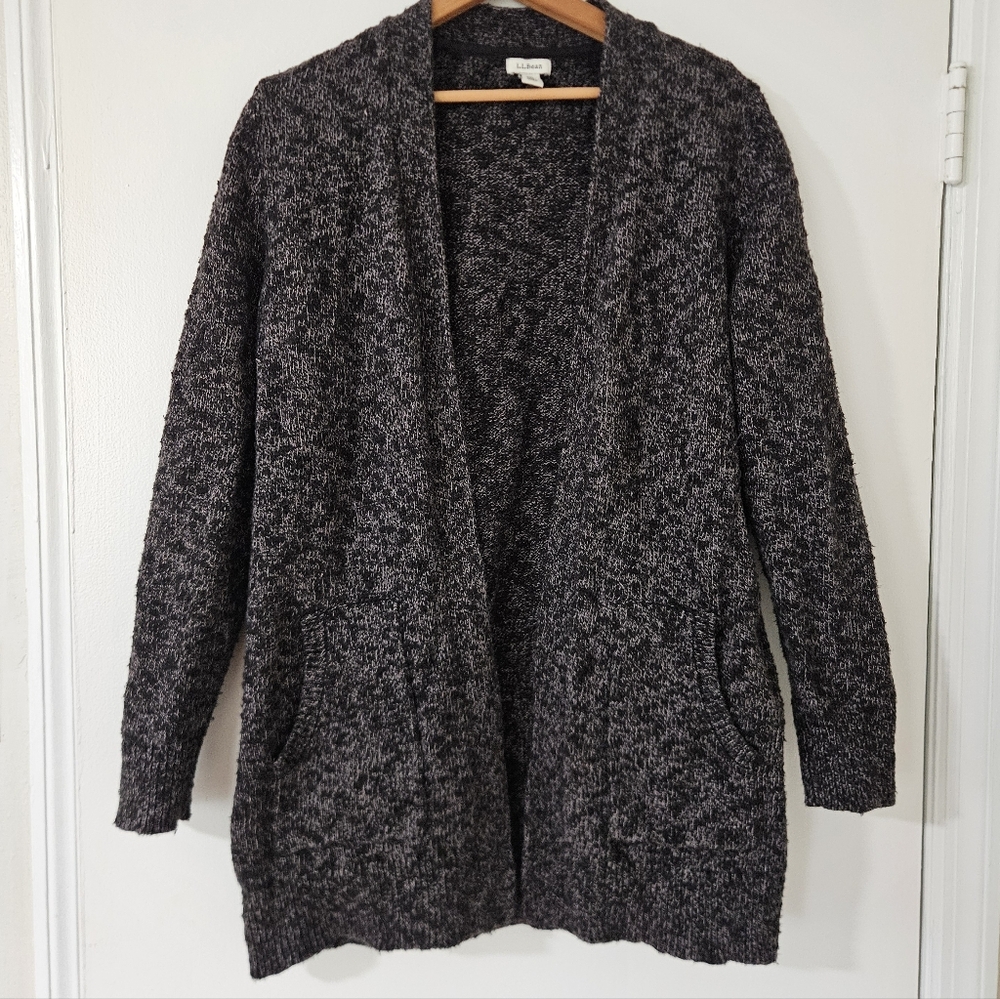 LL Bean Womens Cotton Ragg Sweater Cardigan L Open Pockets Cabincore Marled